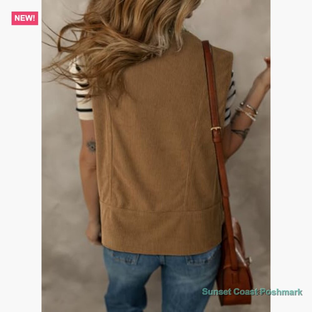 Corduroy Vest Button Down Waistcoat Sleeveless Jacket Casual Outerwear - Picture 2 of 7